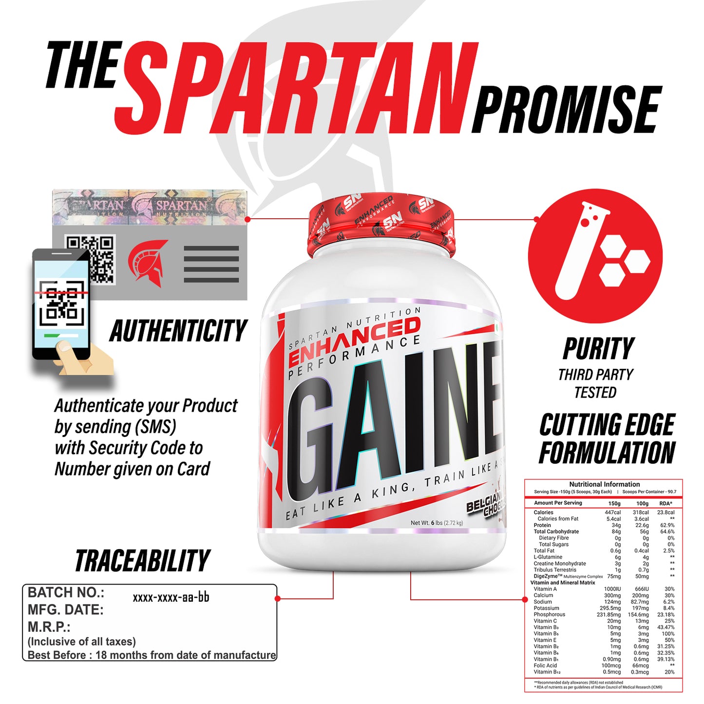Spartan Nutrition Enhanced Performance Gainer High Protein and High Calorie with L-Glutamine and Creatine Monohydrate, Mass Gainer / Weight Gainer Powder – 6lbs, 2.72KG