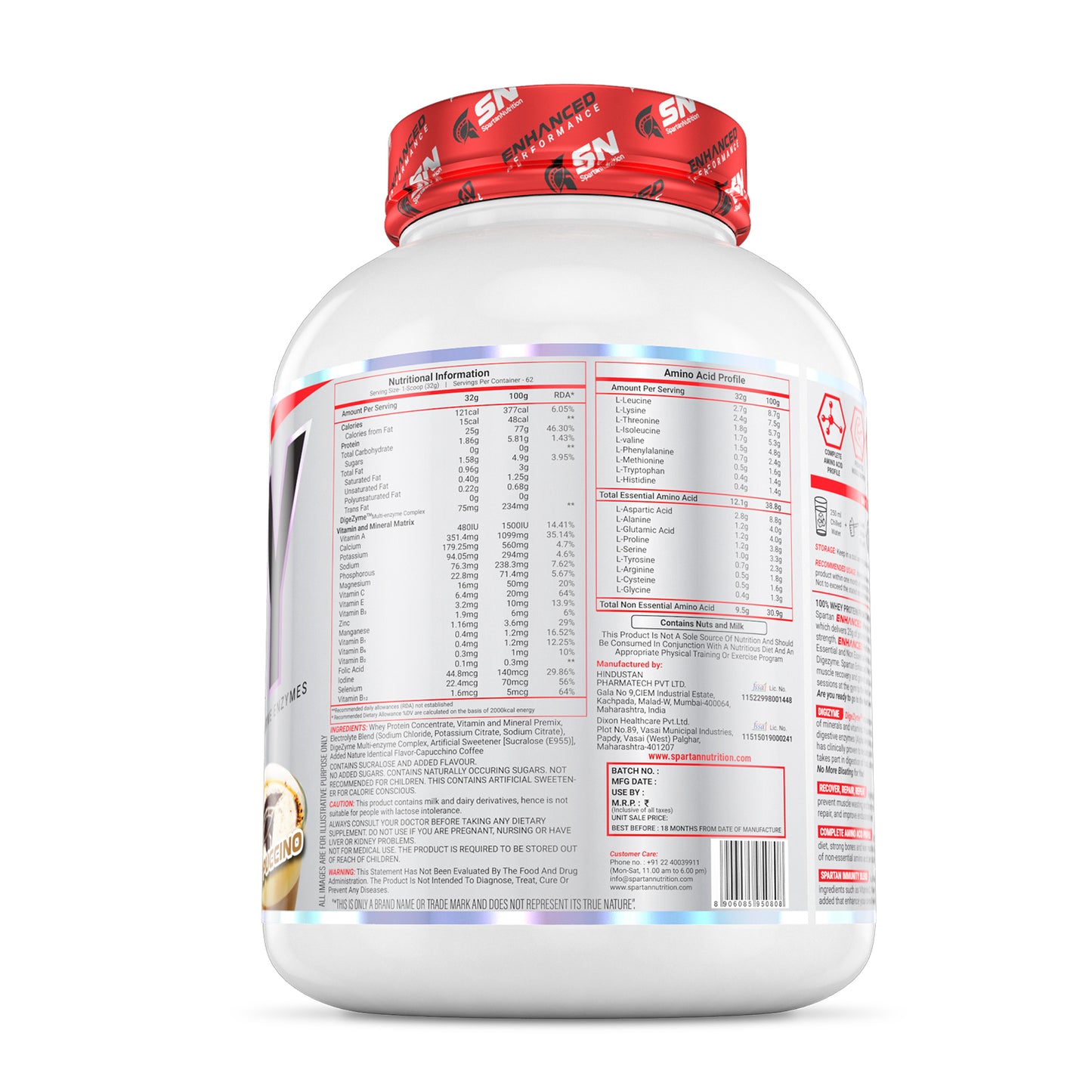 Spartan Nutrition Enhanced Performance Whey Protein – 2 kg, with Complete Amino Acid Profile, Protein - 25 g, Low Calories- 121 Kcal, Digezyme – 75mg Per Serving and Zero Added Sugar