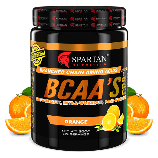 Spartan Nutrition BCAA’s Pro - 300g, (Orange) with L-Leucine – 3500mg, L-Isoleucine - 1750 mg, Glutamine - 1000 mg Per Serving
