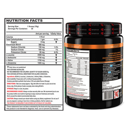 Spartan Nutrition BCAA’s Pro - 300g, (Orange) with L-Leucine – 3500mg, L-Isoleucine - 1750 mg, Glutamine - 1000 mg Per Serving