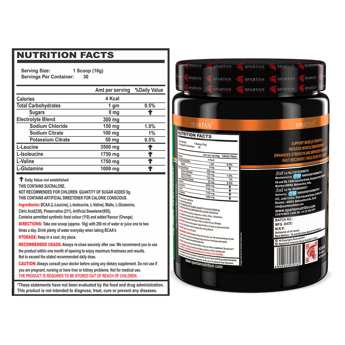 Spartan Nutrition BCAA’s Pro - 300g, (Mango) with L-Leucine – 3500mg, L-Isoleucine - 1750 mg, Glutamine - 1000 mg Per Serving