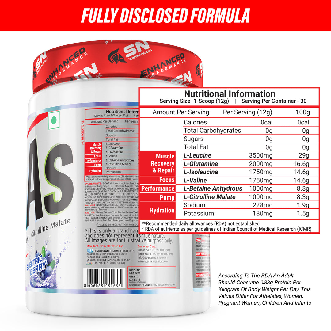 Enhanced Performance BCAAs - 360g, with L-Leucine – 3500mg, L-Glutamine - 2000 mg, L-Isoleucine - 1750 mg, L-Valine – 1750 mg, Per Serving.