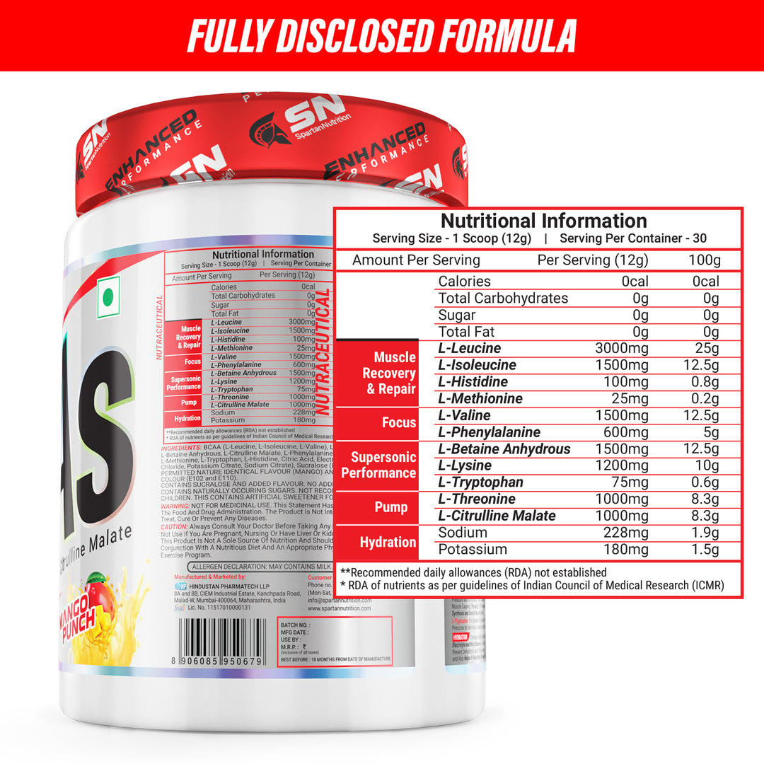 Enhanced Performance EAAs - 360g, with 9 Essential Amino Acids, L-Leucine – 3500mg, L-Isoleucine - 1500 mg, L-Valine – 1500 mg, Per Serving.