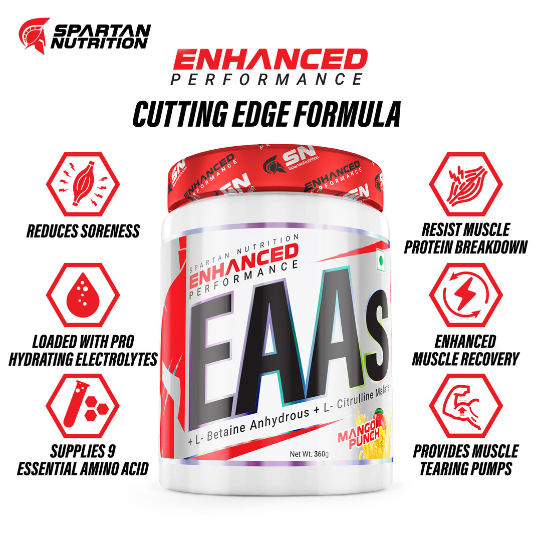 Enhanced Performance EAAs - 360g, with 9 Essential Amino Acids, L-Leucine – 3500mg, L-Isoleucine - 1500 mg, L-Valine – 1500 mg, Per Serving.