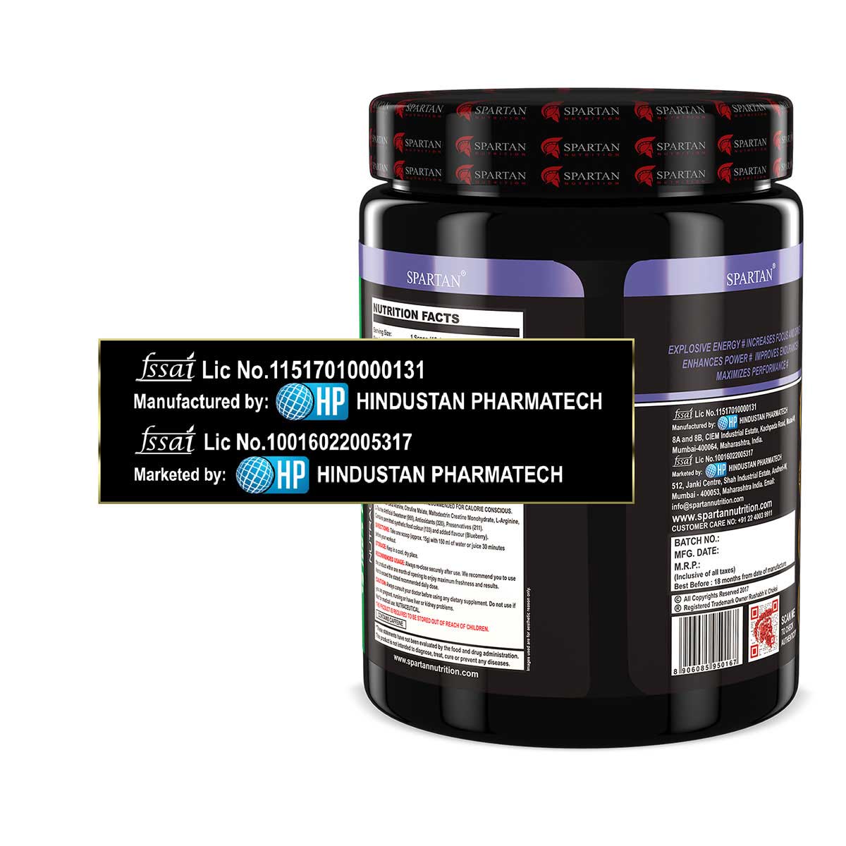 Spartan Nutrition Pump Pro Pre-workout - 360g (BlueBerry) with Caffeine - 120mg , L-Taurine -500 mg, L-Arginine- 1000 mg , Beta alanine – 3750 mg, Creatine - 3000mg Per Serving
