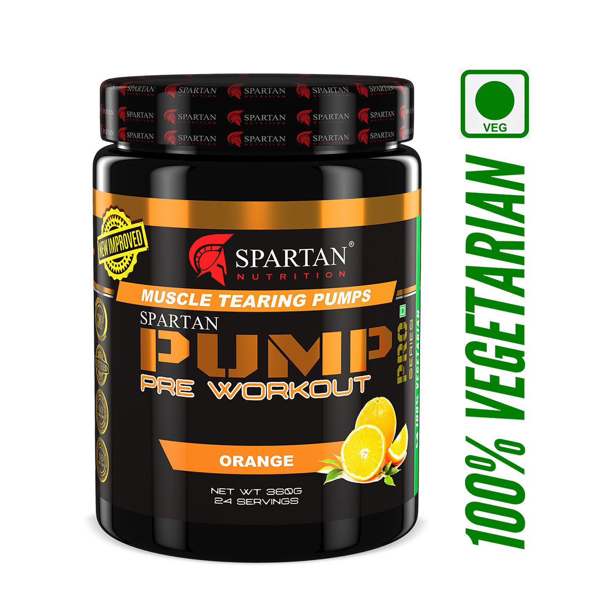Spartan Nutrition Pump Pro Pre-workout - 360g (Orange) with Caffeine - 120mg , L-Taurine -500 mg, L-Arginine- 1000 mg , Beta alanine – 3750 mg, Creatine - 3000mg Per Serving