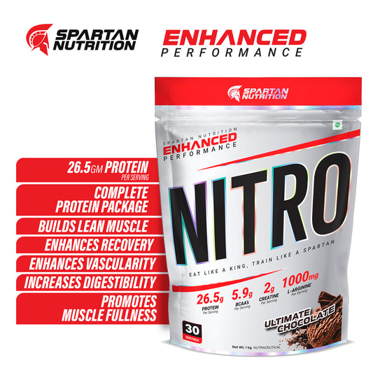 Spartan Nutrition Enhanced Nitro Whey For Enhanced Lean Muscle, Strength & Recovery, 1kg (30 Servings) - Ultimate Chocolate