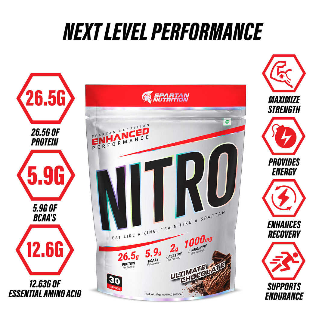 Enhanced Nitro Whey For Enhanced Lean Muscle, Strength & Recovery, 1kg (30 Servings) - Ultimate Chocolate