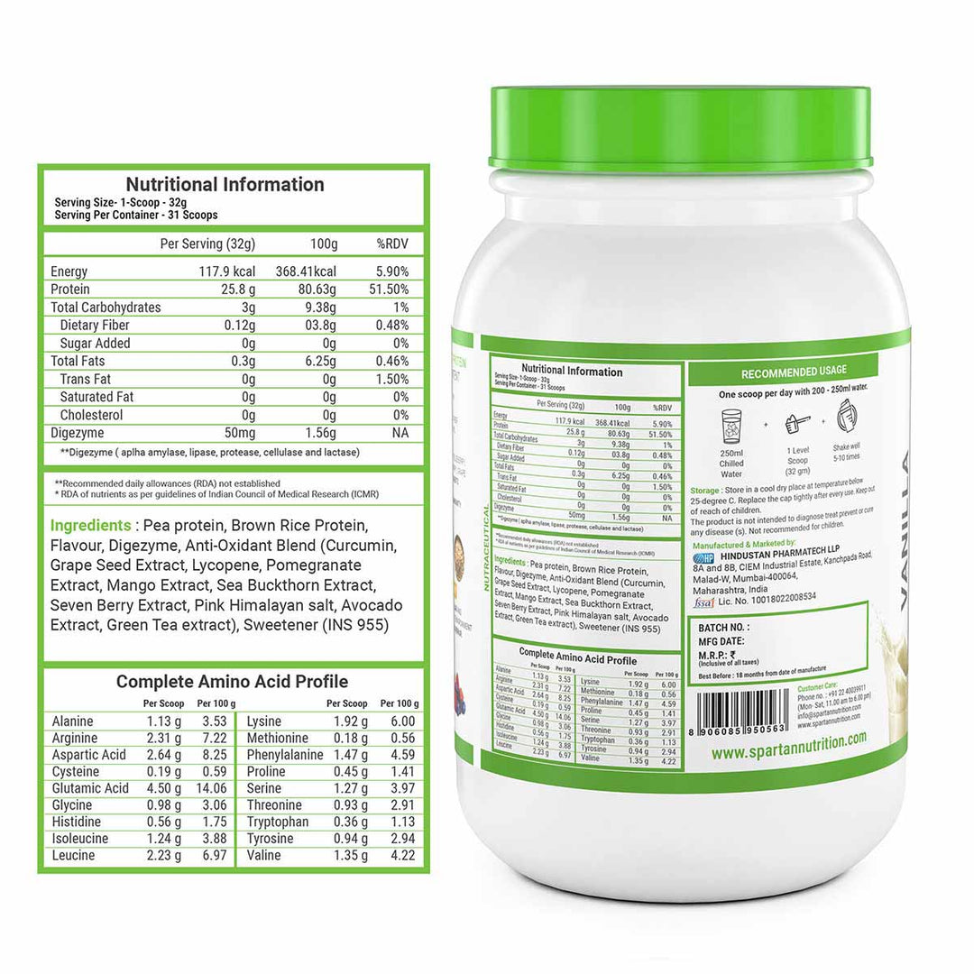 Plant Protein – 2.2LBS, with Protein - 25.8g, EAA’s - 9.8g, BCAA’s - 4.49g, Glutamic Acid - 5g Per Serving