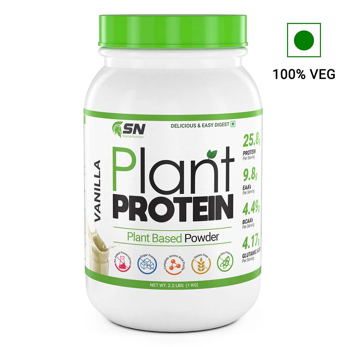 Spartan Nutrition Plant Protein – 2.2LBS, with Protein - 25.8g, EAA’s - 9.8g, BCAA’s - 4.49g, Glutamic Acid - 5g Per Serving