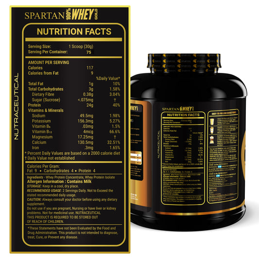Spartan Nutrition 100% Whey Protein Gold - 5LBS, with Protein - 24g, Calories - 117Kcal, BCAA’s – 5.6g, 11.7g EAAS’s, Glutamic Acid - 4.4g Per Serving and Zero Added Sugar